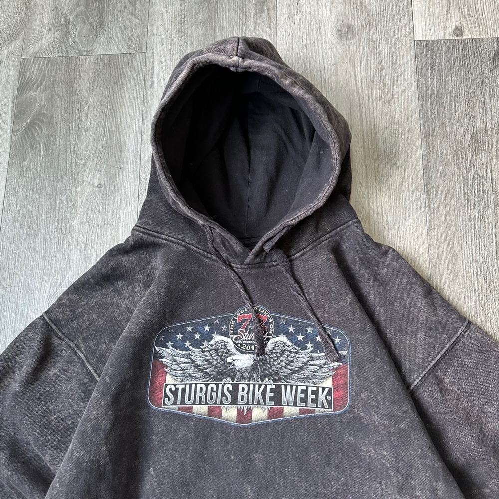 Sturgis Bike Week 75th Hot Leathers Y2K Gray acid wash Hoodie Men's M Eagle